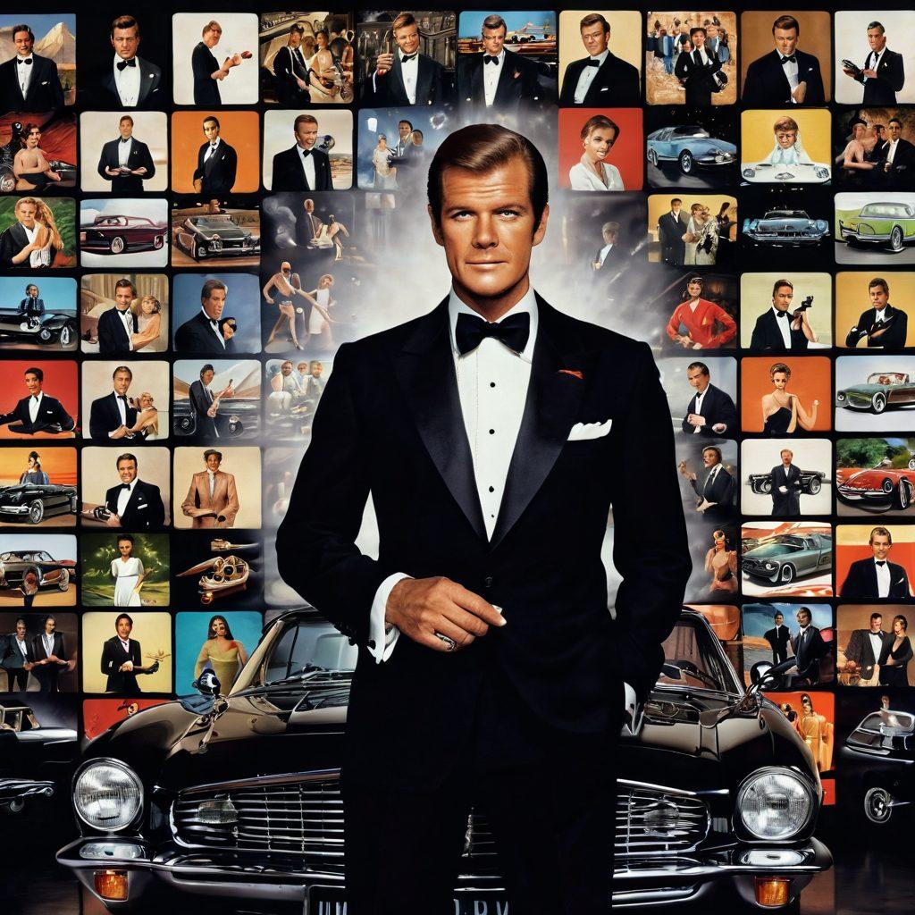 A cinematic montage featuring Roger Moore in his iconic James Bond tuxedo, surrounded by vintage film reels and glamorous celebrity photos. The background is adorned with elements representing luxury, like sports cars and exotic locations, while subtle hints of his other role as the suave Simon Templar are included. The atmosphere is infused with a sense of nostalgia, celebrating his legacy. super-realistic. vibrant colors. cinematic style.