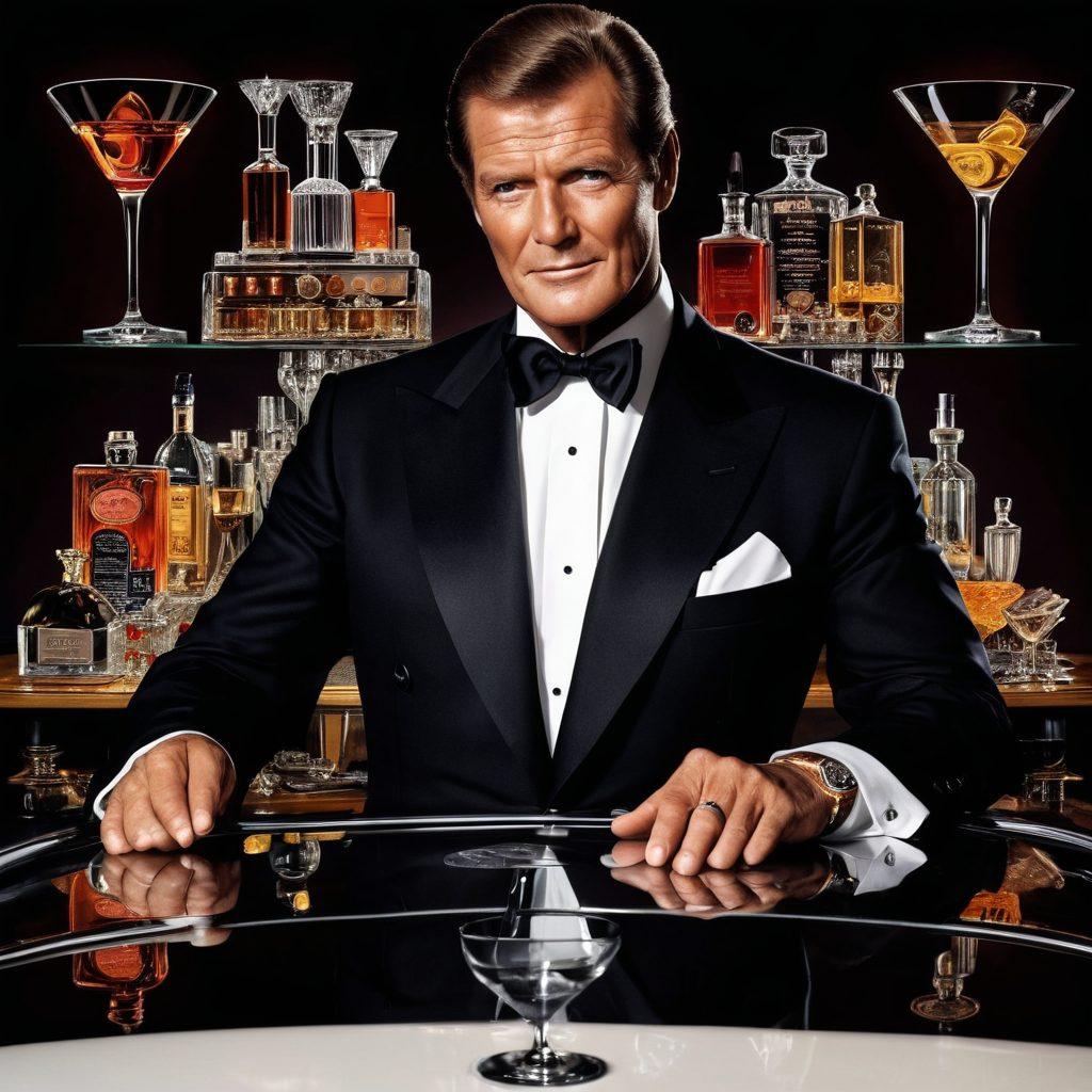 A stylish and charismatic portrait of Roger Moore in a classic tuxedo, surrounded by iconic elements from his most famous films such as a martini glass and a vintage car. The background features a blend of glamorous Hollywood lights and film reels to symbolize his cinematic legacy. Incorporate elements of espionage, like silhouettes of spies and gadgets, to emphasize the James Bond theme. super-realistic. vibrant colors. film noir style.