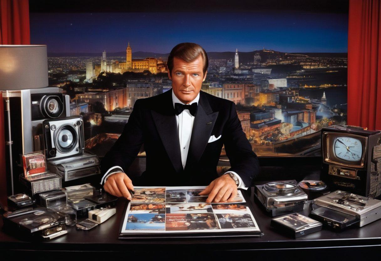 A vintage film set showcasing Roger Moore in a classic tuxedo, surrounded by iconic James Bond gadgets and cinematic paraphernalia. The backdrop features a glamorous Hollywood skyline with spotlights and film reels, capturing the essence of 1970s pop culture. In the foreground, images of celebrity magazine covers with Roger Moore's face prominently displayed. Elegant lighting effects to enhance the nostalgic feel. retro-style. vibrant colors.
